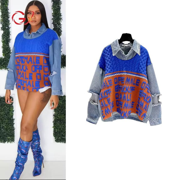 Khupiwe denim blouse with knitted pattern
