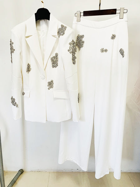 Avril white crystal-embellished blazer & trousers matching set