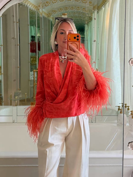 Jannine wrap feather detail trouser set