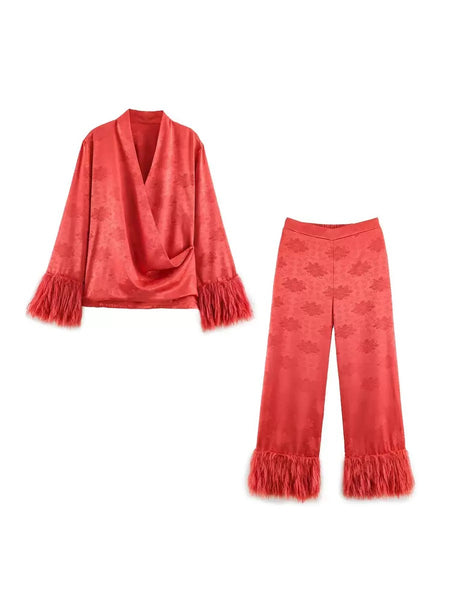 Jannine wrap feather detail trouser set