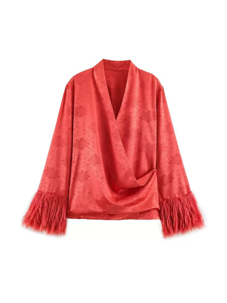 Jannine wrap feather detail trouser set