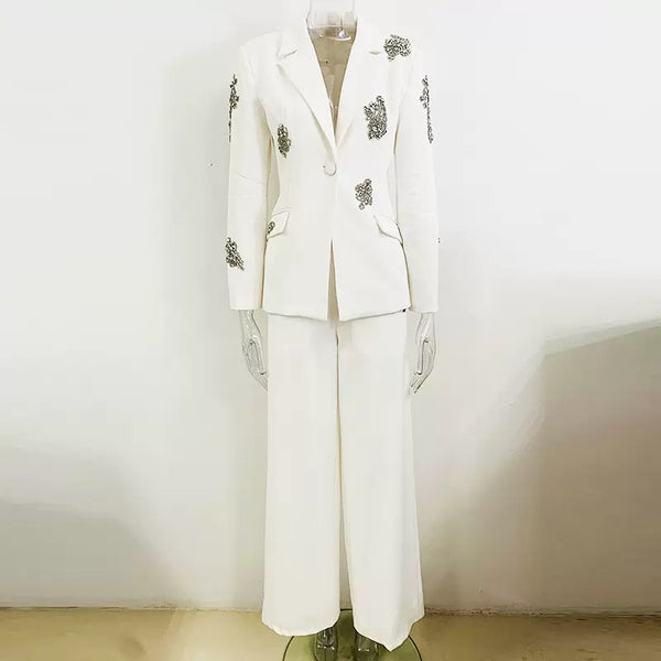 Avril white crystal-embellished blazer & trousers matching set