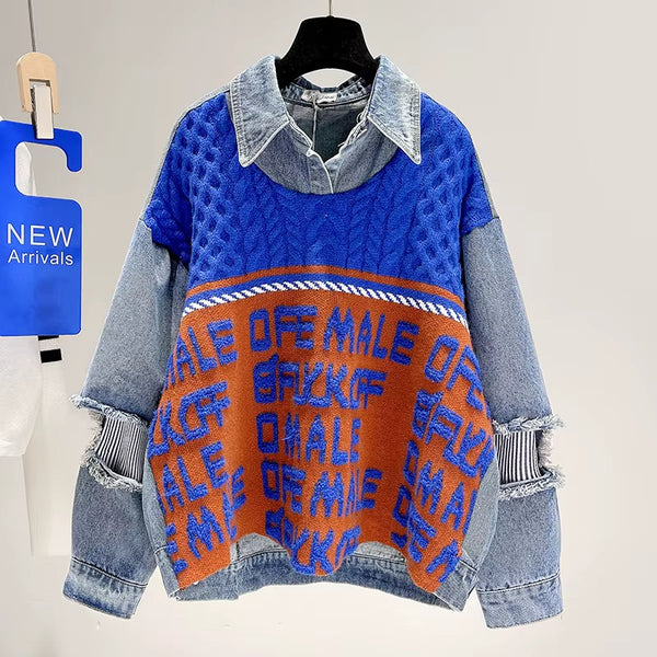 Khupiwe denim blouse with knitted pattern