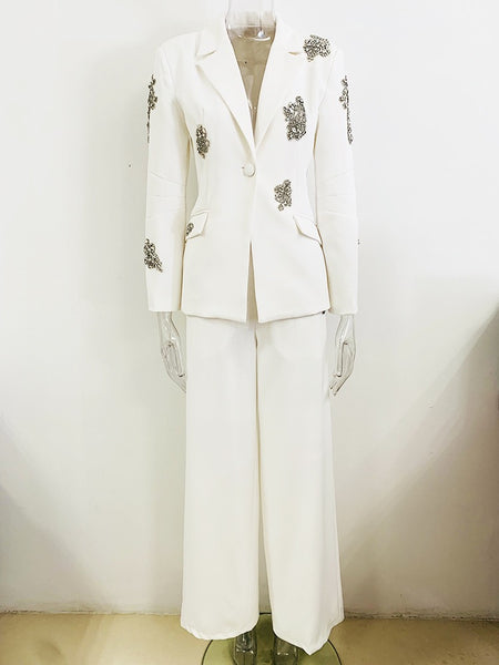 Avril white crystal-embellished blazer & trousers matching set