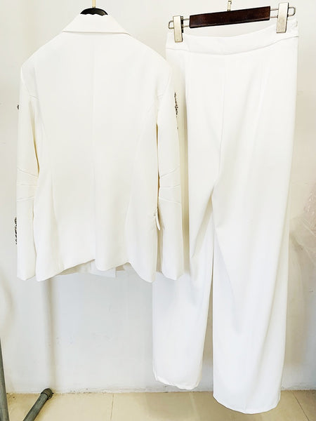 Avril white crystal-embellished blazer & trousers matching set