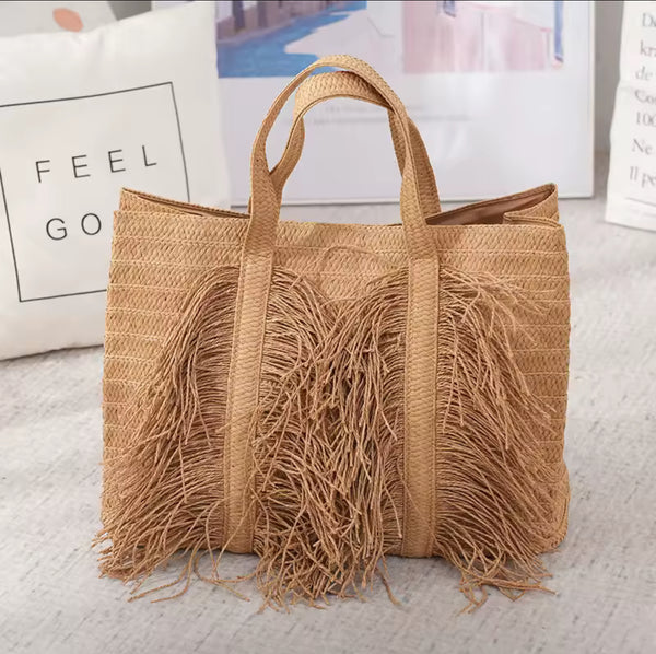 Bohemian straw beach bag