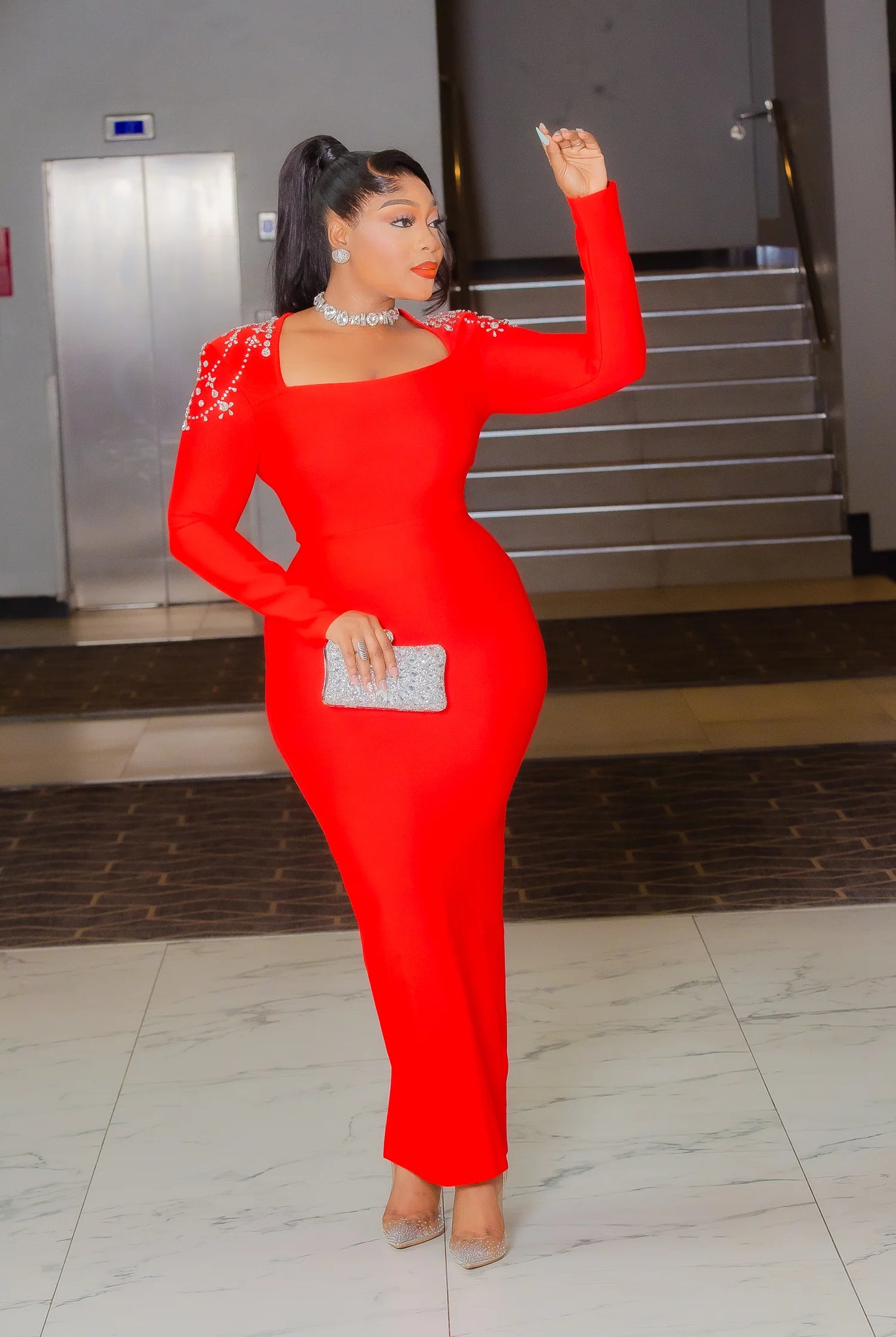 Akudzwe blinged shoulder bandage dress