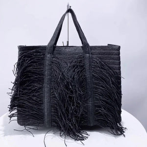 Bohemian straw beach bag