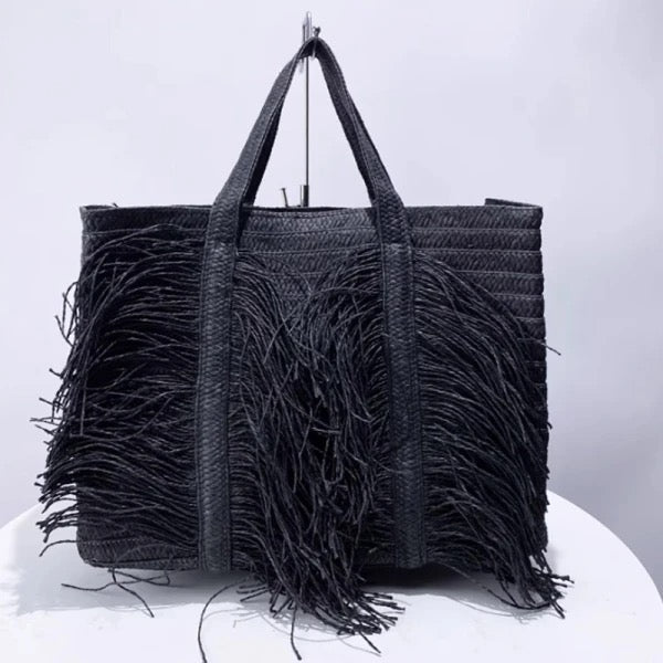 Bohemian straw beach bag