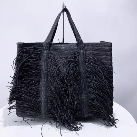 Bohemian straw beach bag