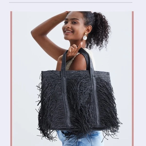 Bohemian straw beach bag