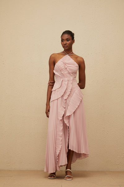 Shelia Ruffled Trim pleated Midi Dress