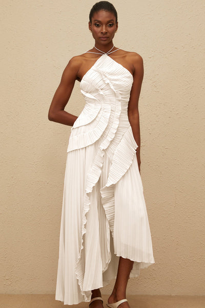 Shelia Ruffled Trim pleated Midi Dress