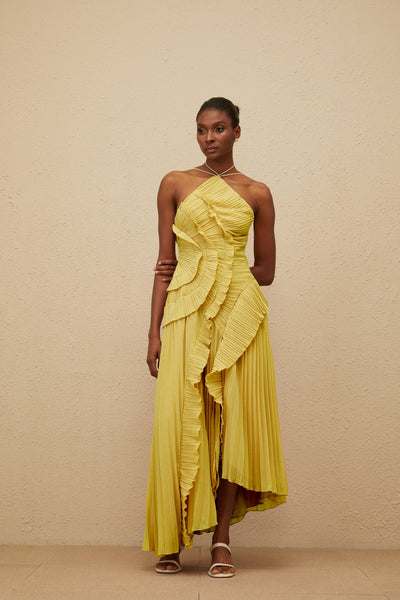 Shelia Ruffled Trim pleated Midi Dress