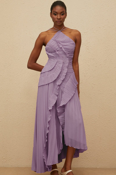 Shelia Ruffled Trim pleated Midi Dress