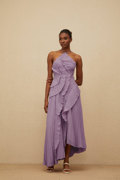 Shelia Ruffled Trim pleated Midi Dress