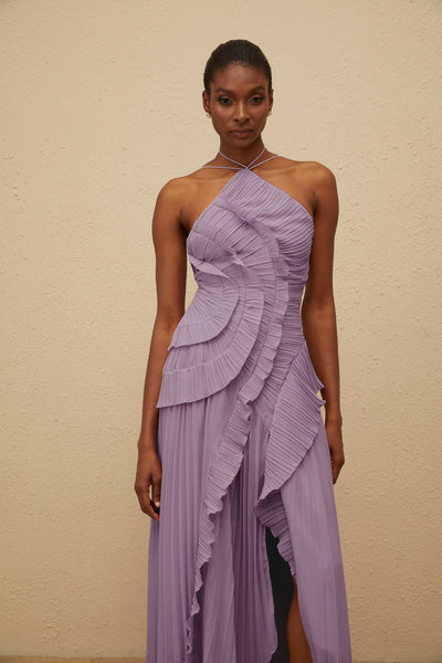 Shelia Ruffled Trim pleated Midi Dress