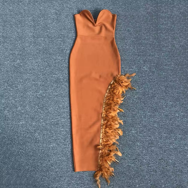 Aster strapless v-neck feather bandage dress