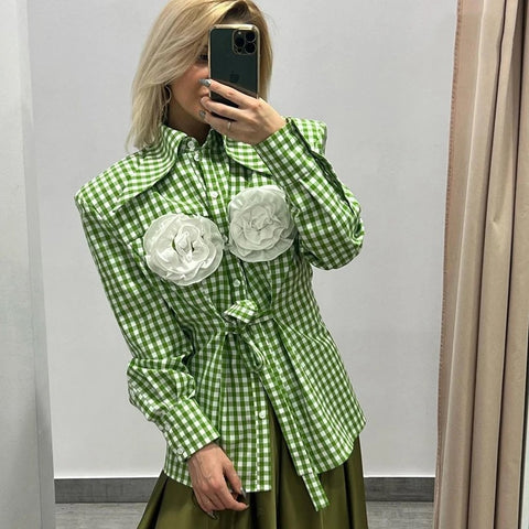 Irene 3D flower plaid shirt