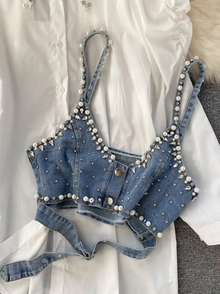 Obelia White shirt and denim bralette