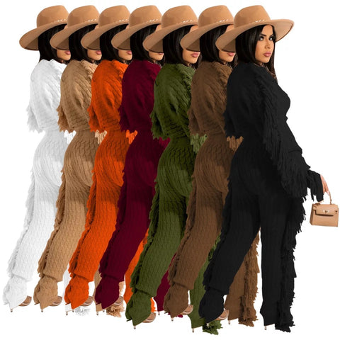 Ricky Knit Fringe Crop Top Two-Piece Pants Set
