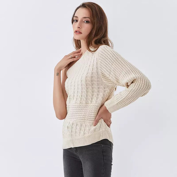 Bianca Beige One Shoulder Cable Knit Sweater