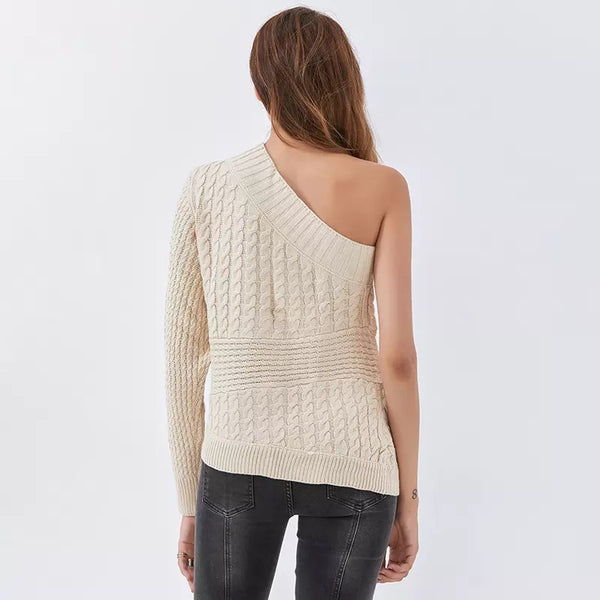 Bianca Beige One Shoulder Cable Knit Sweater