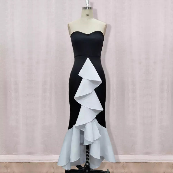 Liz Ruffle Patchwork Black White Dress