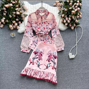 Polly Pink Suit See through Lace Patchwork Blouse Shirt and High waist Pleated Skirt 2 Piece Set