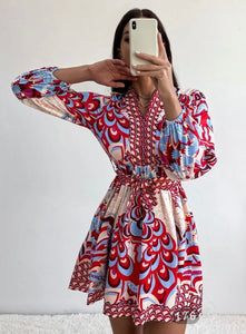 Gwendolyn Graphic Print Lantern Sleeve Belted Dress
