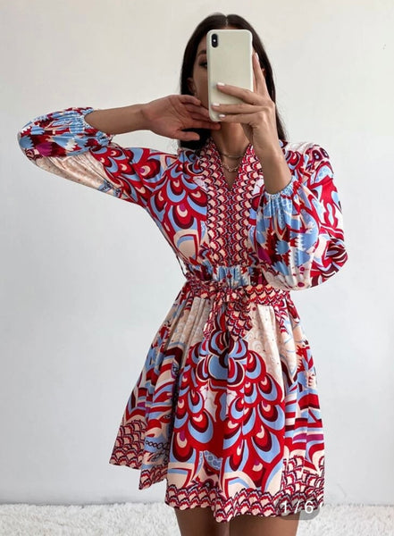 Gwendolyn Graphic Print Lantern Sleeve Belted Dress