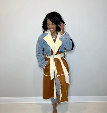 Saira belted wool trench denim jacket