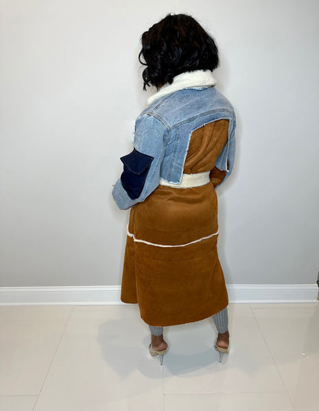 Saira belted wool trench denim jacket