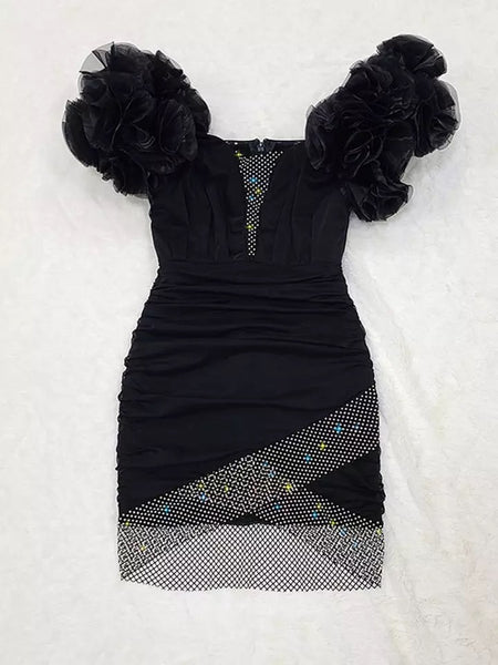 Sophie V-neck Strapless Ruffled Mesh Crystal Diamond Black Dress