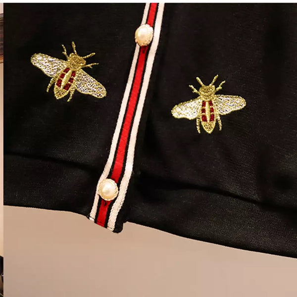 Bernie Ruffles Half Sleeve V-Neck Bees Embroidery Loose Cardigan and Elastic Waist Mini Skirt Set