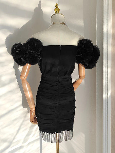 Sophie V-neck Strapless Ruffled Mesh Crystal Diamond Black Dress