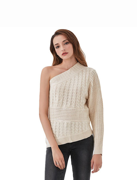 Bianca Beige One Shoulder Cable Knit Sweater