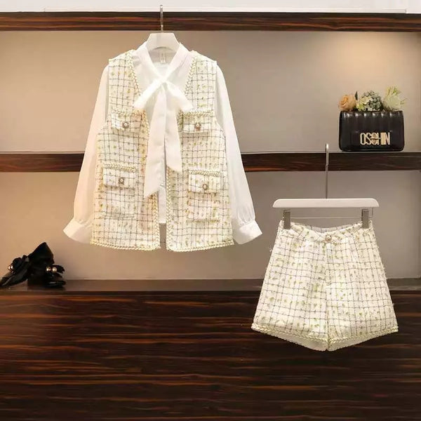 Lily White and Gold Tweed Vest Shorts and Sheer Blouse Three Piece Set