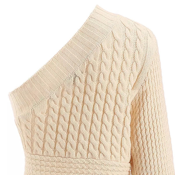 Bianca Beige One Shoulder Cable Knit Sweater