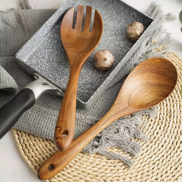 2pcs Wooden Dinnerware Set Bamboo Fork Dining Soup-Teaspoon Fruit Salad Spoon Kitchen Tableware Utensils Tool